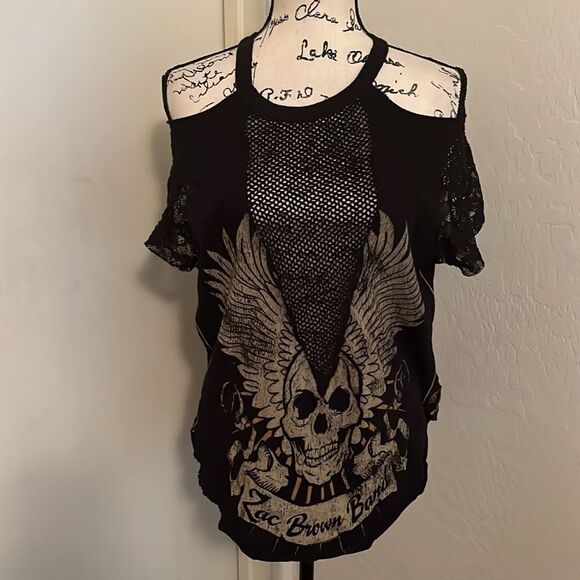 Trunk LTD Zac Brown Distressed Lace Sheer Mesh Detailing Black Graphic Shirt - Picture 3 of 13